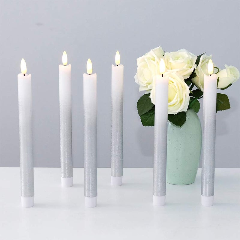 DRomance Silver Flameless Taper Candles Battery Operated with Remote Timer, Real Wax 3D Wick Flickering LED Taper Candles Dinner Wedding Holiday Decor(6 Pack, 0.78 x 9.64 Inches) - Image 2